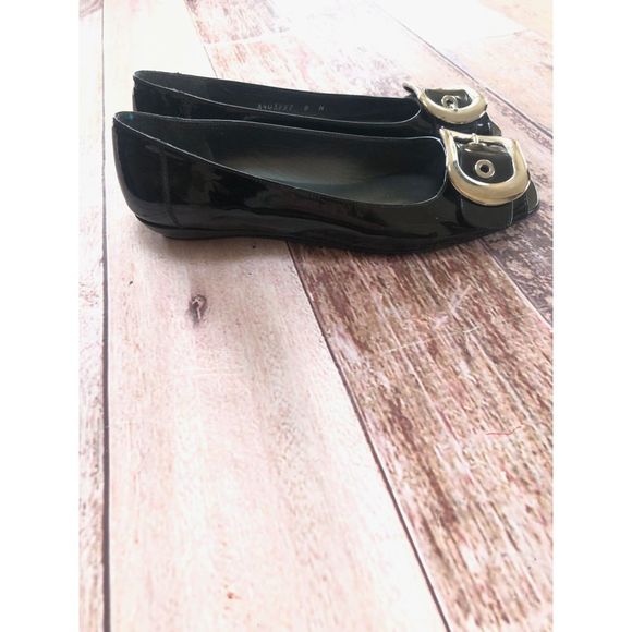 Stuart Weitzman Patent Peep Toe‎ Buckle Flats - Picture 1 of 8